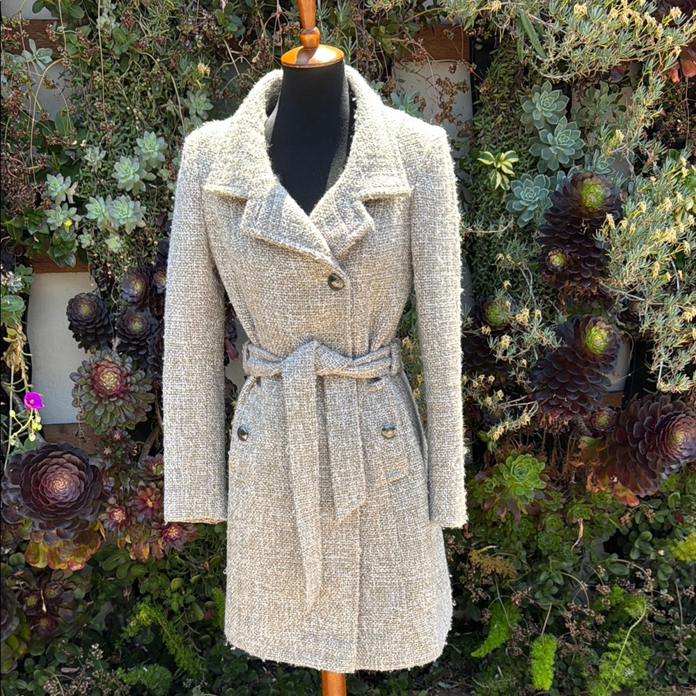 Tahari Cream Pea Coat with Belted Waist and Notched Lapels
